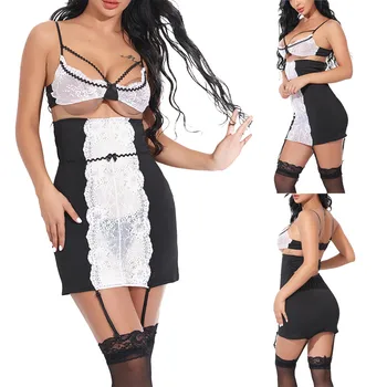 

Erotic Dress Costumes Women Sexy Lace Lingerie Hollow Out Porno Bra Mini Dress Sexy Underwear Set Babydoll Lenceria Night Dress