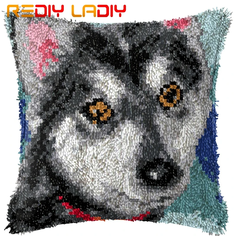 Latch Hook Cushion Black Wolf Pre-Printed Canvas Cover Acrylic Yarn Crochet Pillow Case Kits Hobby &amp Crafts Home Decor | Дом и сад