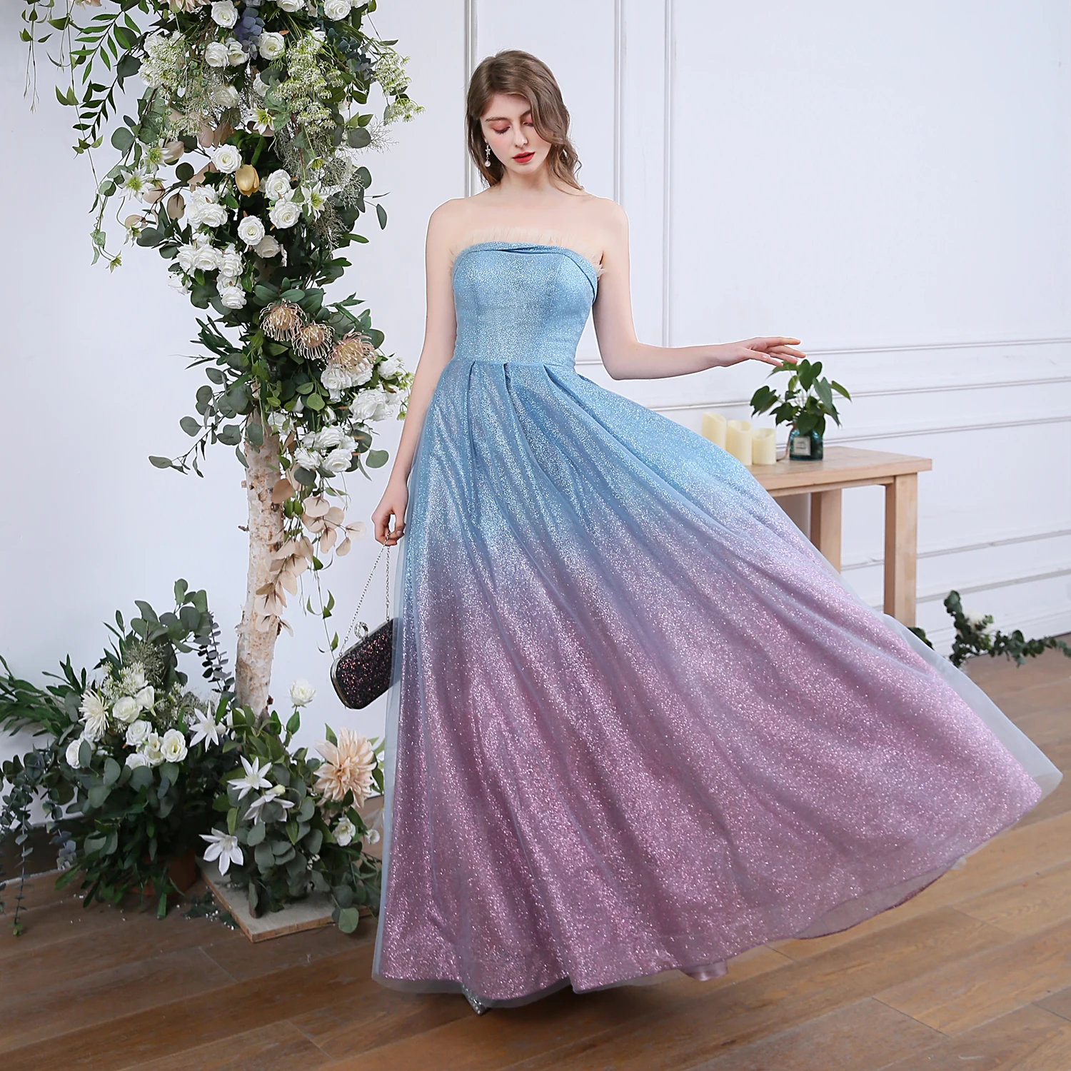 SSYFashion, новое вечернее платье для банкета, сверкающее, без бретелек, с блестками, градиентное, голубое, фиолетовое, мечта, Длинные вечерние платья, Vestido De Noche