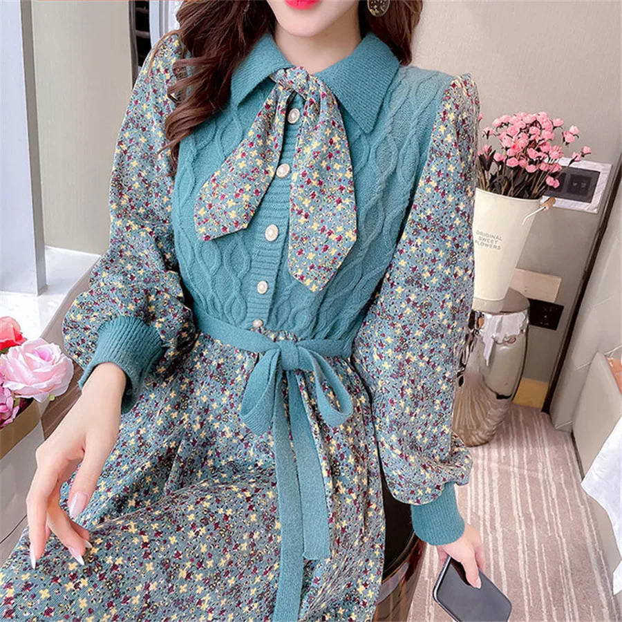 

Women's Knitted Dress Autumn Winter New Long SleeveCorduroy Floral Dress Female Elegant Sweater A-line Long Veatidos Belt