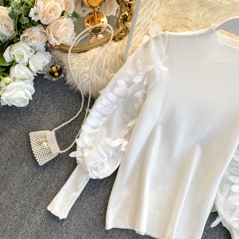 Woherb Pull Femme, тонкая водолазка с рукавами-фонариками, женский свитер из газовой Ткани в стиле пэчворк с объемным цветком, тонкий пуловер, вязаная одежда, мода 91496