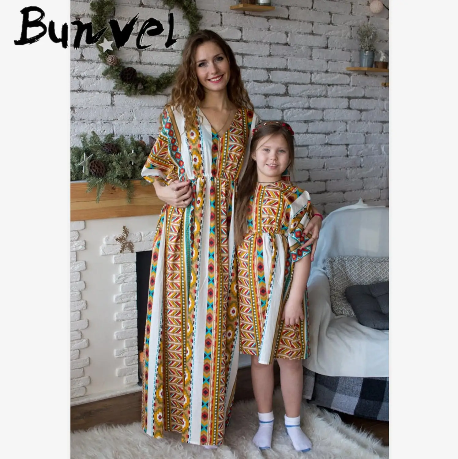 

bunvel african dresses for Mother and Daughter Dress baby girl clothes african geometric printing mother daughter dresses 5