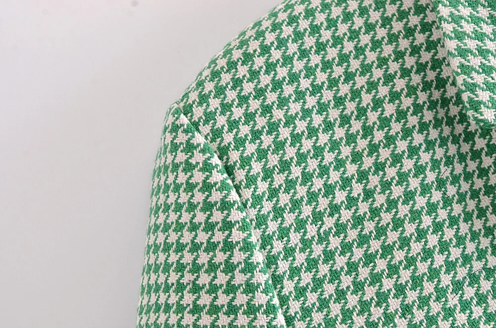 Retro French Style Green Check Plaid Weavon Cropped Blazer Women Notched Metal Buckle Buttons High Waist Suit Short Coat Outwear