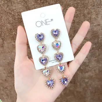 

AB Color Crystal Heart Earrings for Women Girl Gold Color Alloy Rhinestone Long Drop Dangle Earrings Statement Party Jewelry