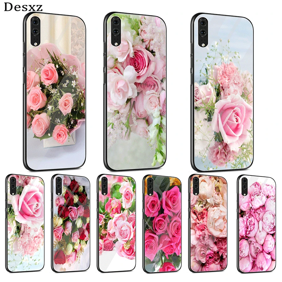 

Glass Mobile Phone Case For Huawei P30 P10 P20 7A Y6 Y9 P Smart Mate 20 Honor 9 10 8X Lite Pro Cover Pink Purple Peony