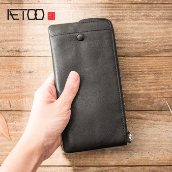 

AETOO Men's leather ultra-thin long zippered wallet, men's wallet hand-caught bag, female cowhide casual pocket money clip