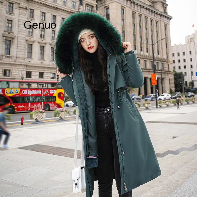 Winter Hooded Parkas Coat Women's Thick Big Faux Fur Collar Middle Long Coat Parka Coats Winter  Abrigo Femme 2020 New