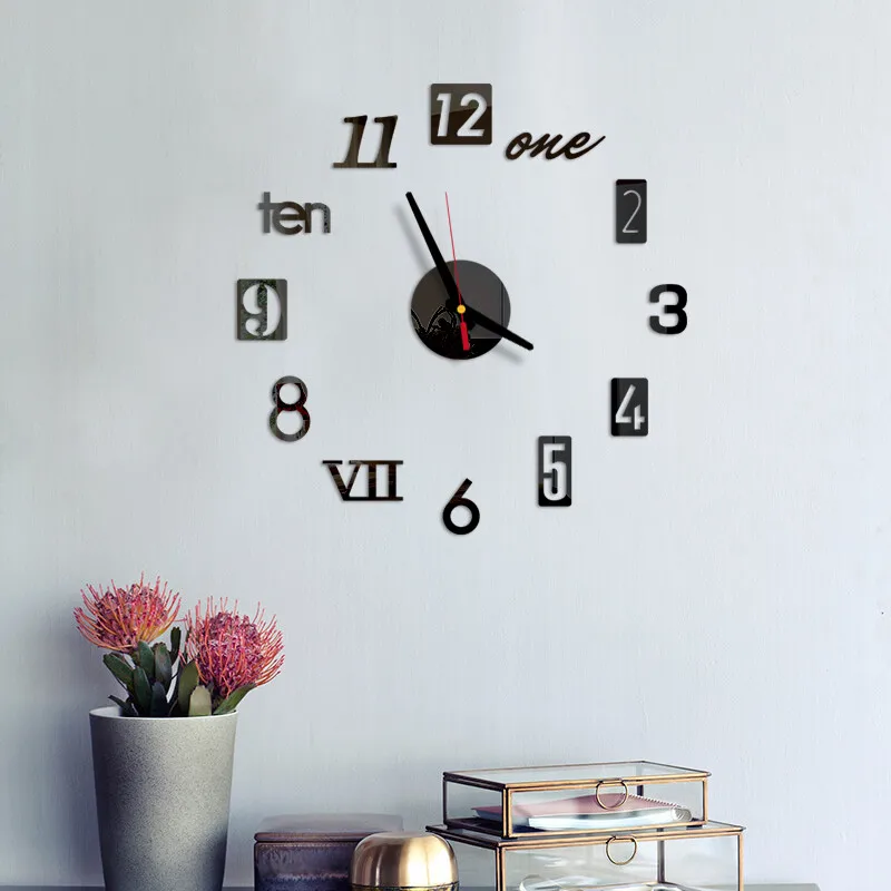 Modern Design Diy Wall Clock 3d Mirror Surface Sticker Home Office Decor Clock Large Wall-clock Sticker Mute Digital 3d Wall Big