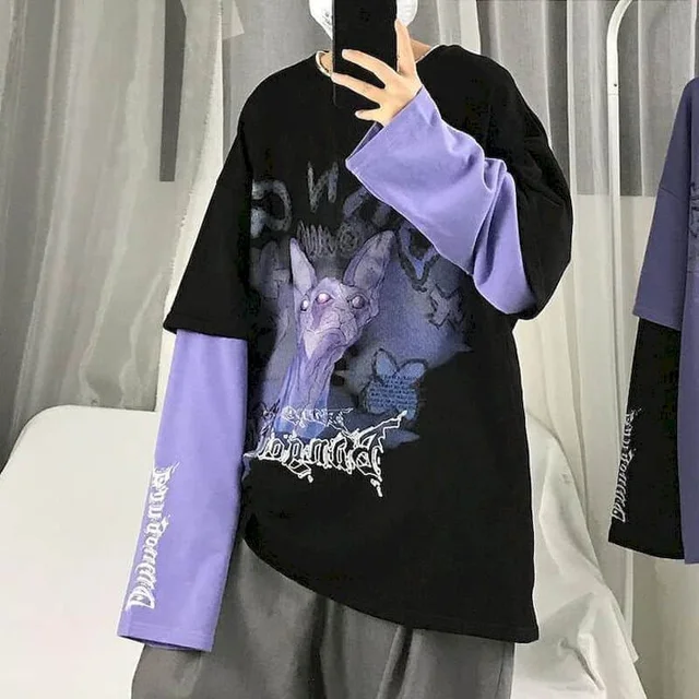 T-shirt Cross of Thorns fake two-piece for men women long-sleeved dark hip-hop loose large size autumn new trend top Simplicity d000162d black