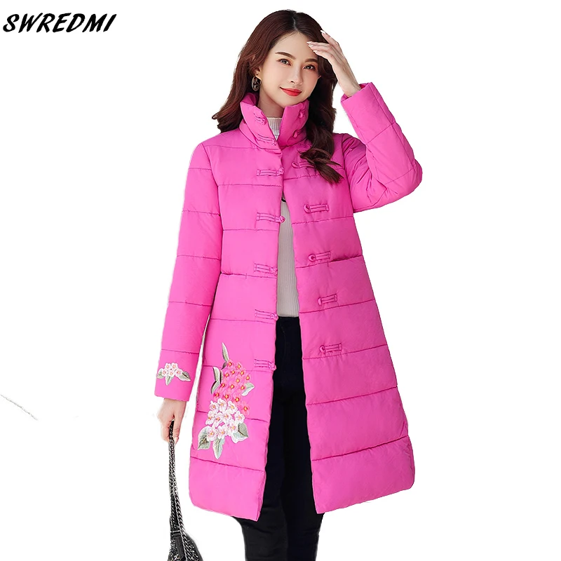 

SWREDMI 2019 Winter Jacket Women Chinese Style Embroidery Female Jacket Thick Warm Parkas Women's Down Cotton Jacket Overcoat