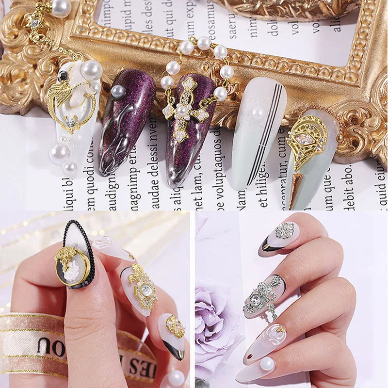Ретро 3D дизайн ногтей украшения с Стразы из горного хрусталя шпильки Самоцветы серебристый металлический кулон цепь для маникюра салон