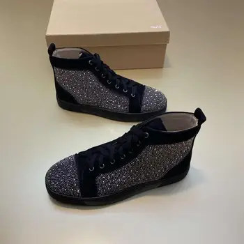 

Classical Fashion Brand Designer Rhinestone Red Bottom Sneakers Women Luxury Genuine Leather High Top Casual Shoes for men