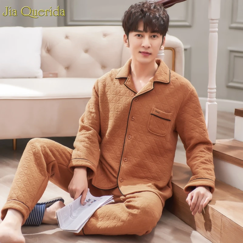 

Sleepwear Men Suits Cotton Pyjamas Men Elegant Khaki Diamond Pattern Lapel Button Cardigan Home Wear Padded Mens Pajama Set New