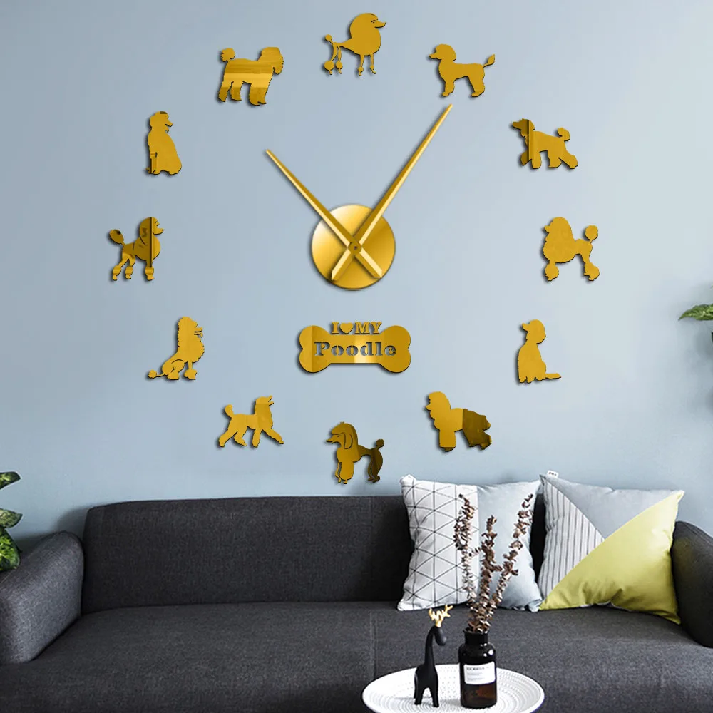 Günstig Pudel Große Hand Moderne Wanduhr Pudelhund DIY Riesen Wanduhr Esszimmer Wand Decor Caniche Spiegel Effekt DIY Große wand Kunst