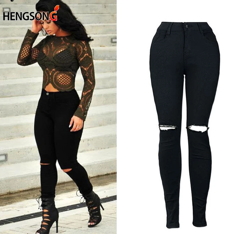 New White Hole Ripped Jeans Women Cool Denim High Waist Elastic Pants Capris Female Skinny black Casual Pencil Jeans HO833795 New White Hole Ripped Jeans Women Cool Denim High Waist Elastic Pants Capris Female Skinny black Casual Pencil Jeans HO833795