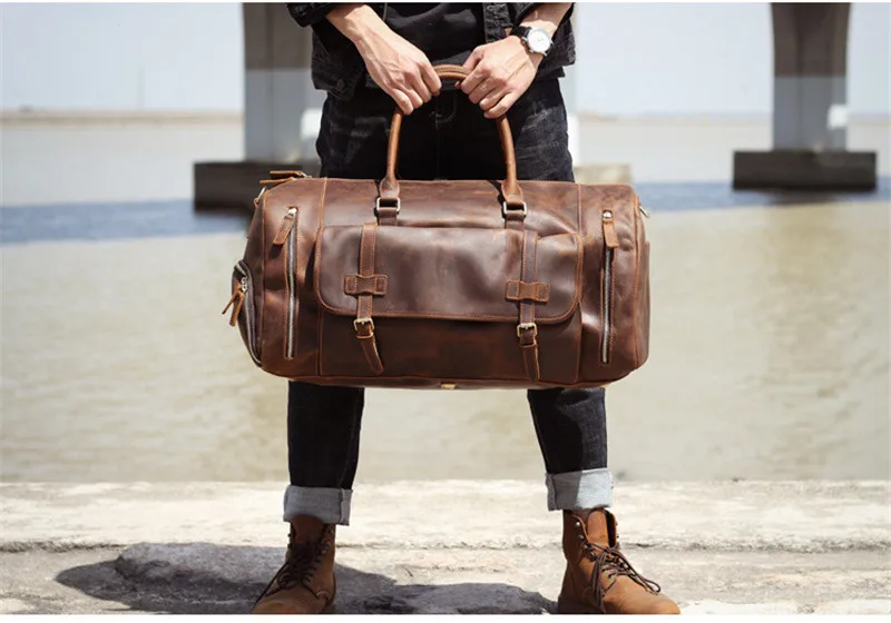 Mens Leather Weekender Bag with Shoe Compartment - Woosir