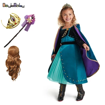

Snow Queen 2 Anna Dress Girl Velvet Carnival Costume Girl Birthday Dress and Shawl Prom Dress with Wig Removable Cloak