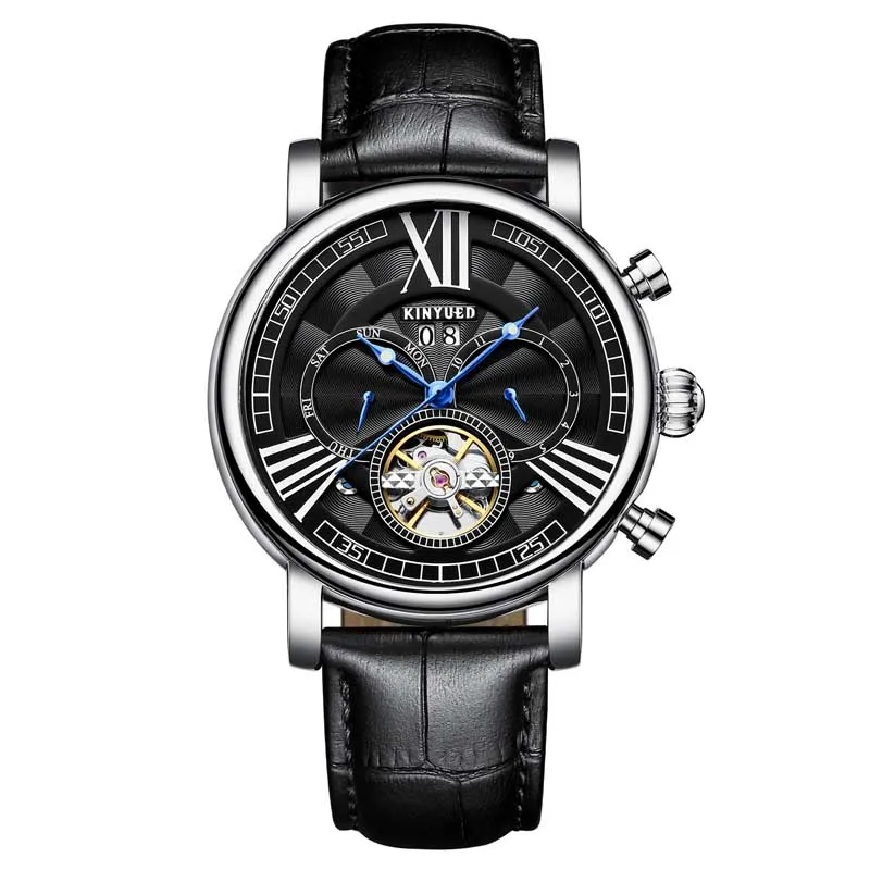 Silver Black KINYUED модные брендовые автоматические часы мужские механические деловые часы вечный календарь армейские военные мужские часы reloj hombre - Цвет: Silver Black