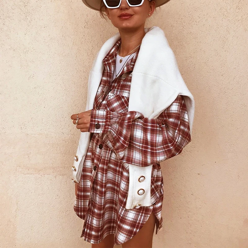 Long Sleeve High Waist Belt Plaid Button Pocket Dress Long Sleeve High Waist Belt Plaid Button Pocket Dress 4