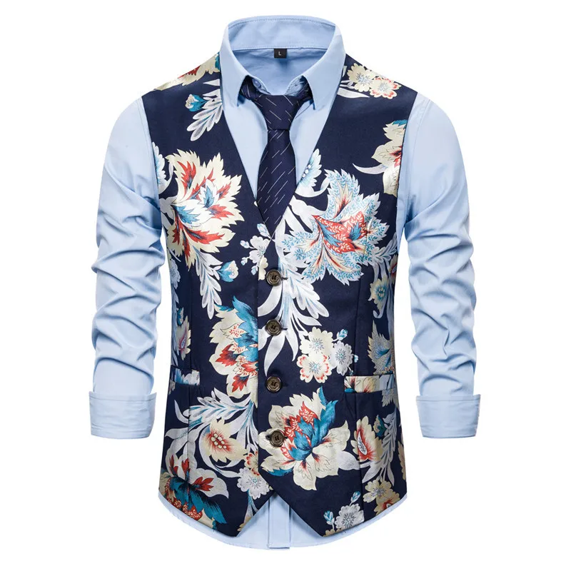 sky blue Men's Hipster V Neck Black Floral Dress Vest Tuxedo Vest Brand Slim Fit Waistcoat Men Party Wedding Groom Prom Gilet Men - Цвет: sky blue