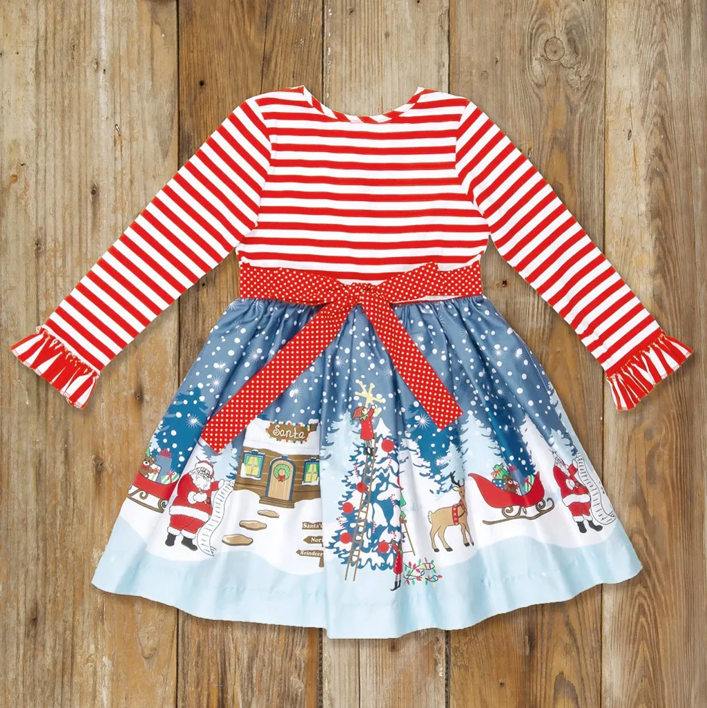 Модная одежда для детей, Детская мода платье для девочек рождественское платье Санта Клауса в полоску с аппликацией в форме героев мультфильмов, платья принцессы, одежда платье для девочкиZ4