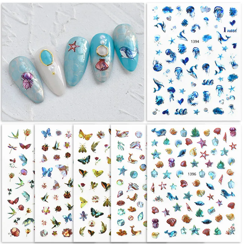 

3D Laser Marine Life Nail Art Sticker Jellyfish Shell Starfish Decals Design for Manicure DIY Transfer Sticker