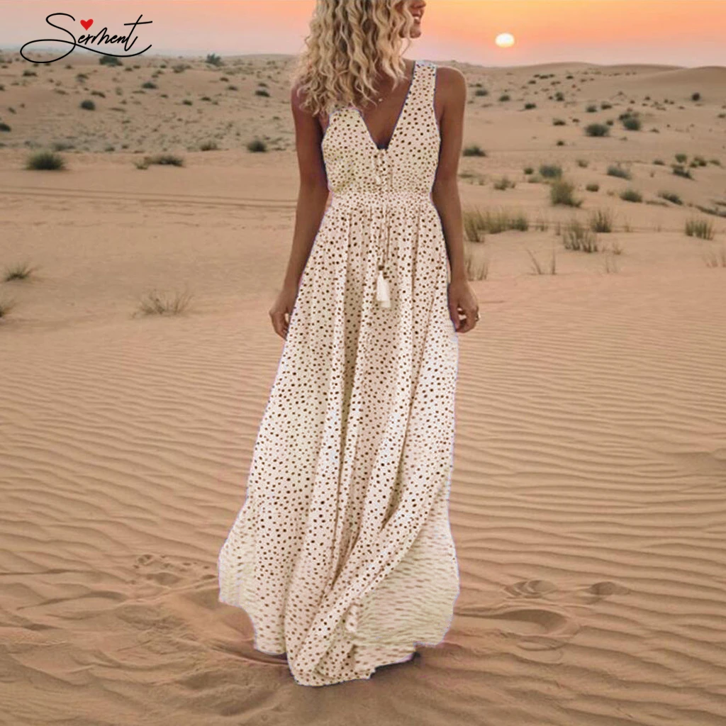 

SERMENT Free Shipping 2019 Beach New European and American Women's New Dress Sexy V-neck Sleeveless Wave Print Beach Dress
