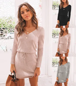 

Winter Irregular KInitted Sweater Dress Sexy V Neck Lace-up Long Sleeves Black Pink Gray Dresses Casual Loose Lady Vestido Dress