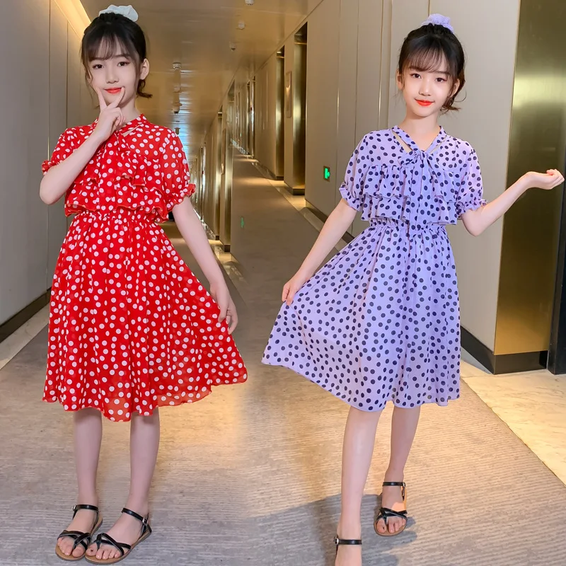 Шифоновые платья в горошек для больших девочек летние Вечерние до колена с