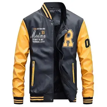 

Men Baseball Jacket Embroidered Leather Pu Coats Slim Fit College Fleece Luxury Pilot Jackets Men 'S Stand Collar Top Jacket Coa