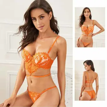 

Women Ladies Sexy Lace Push up Bra and Brief Set Womens Lace Lingerie Floral Underwear Briefs Orange Thong 2pcs sets