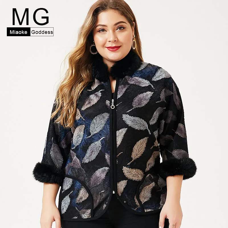 

2019 autumn winter New Plus size women's O-neck Leaf print Seven-quarter sleeve Slim Fashion black Tops and coat Mother clothing