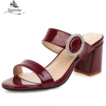 

Sgesvier 2020 big size 33-50 women sandals solid colors crystal buckle summer square high heels casual shoes woman sandals