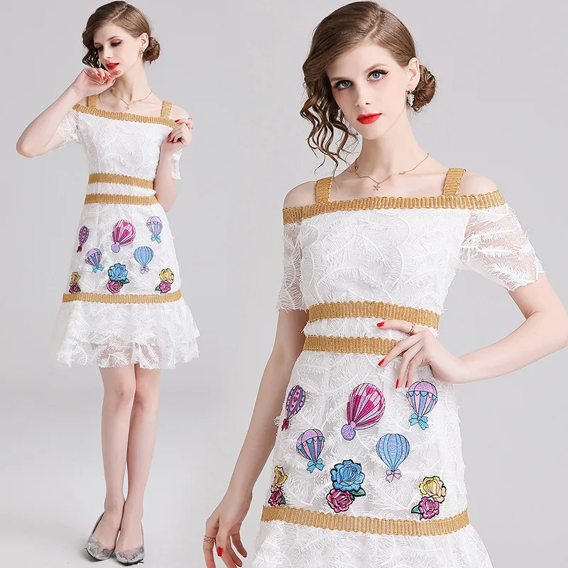 

Ozhouzhan 2019 Spring And Summer New Style WOMEN'S Dress White Feather Embroidered Balloon Dress Refreshing off-Shoulder Beach S