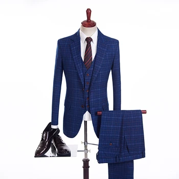 

Elegant Square Plaid Groom Wedding Tuxedos Men Suits Business Slim Fitted Suit Prom Party Dress Custom (Jacket+Vest+Pants)