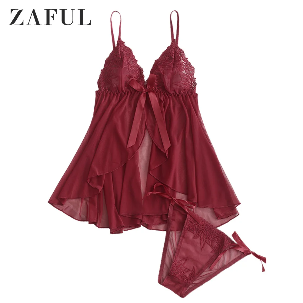 Red Wine ZAFUL сетка лист вышитые нижнее белье с бантами Babydoll для женщин Спагетти ремень сексуальная пижама комплект пижамы Женская одежда для сна - Цвет: Red Wine