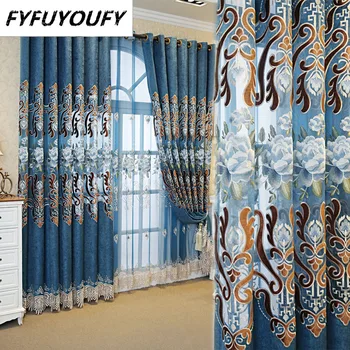 

Europe Luxury Embroidered Window Curtains for Living Room Kitchen Classic GrayBlackout Curtain French Window Treatments