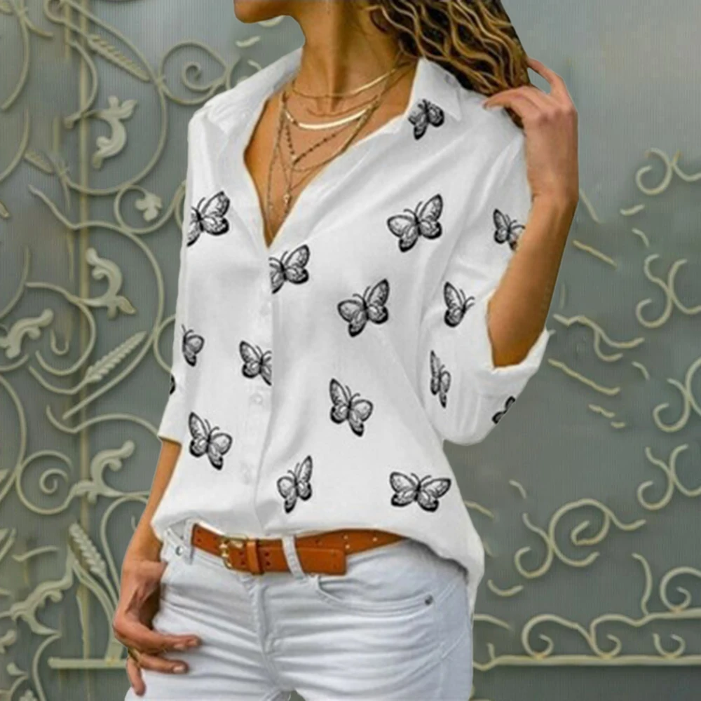 Fashion Women's Butterfly Print Blouse Shirt  Spring Summer Casual Long Sleeve V Neck Ladies Buttons Tops Loose Blouses