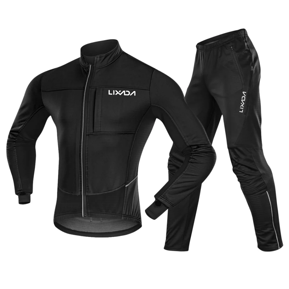 Lixada открытый спортивный костюм унисекс комплект одежды зимний комплект одежды для велоспорта водонепроницаемый термо флис велосипедная куртка и брюки - Цвет: Черный