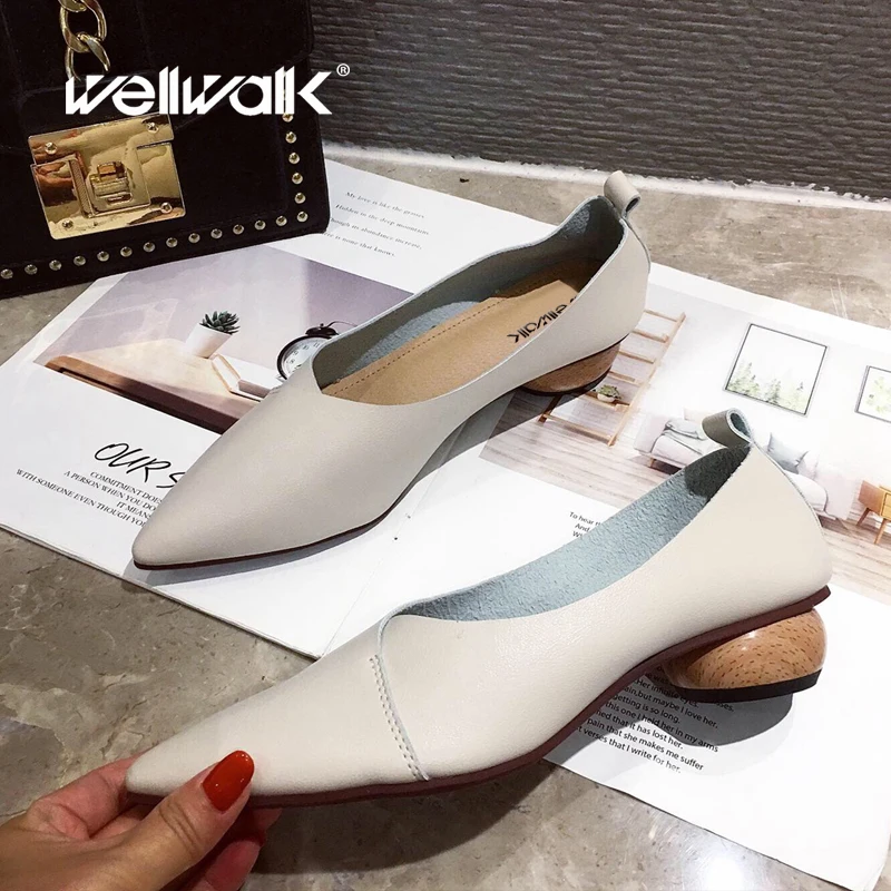 

Concise Shoes Women Heels Pumps Pointed Toe Round Heel Wooden Print Korean Styles Ladies Designer Casual Moccasins Solid Color