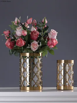 

Modern metal glass vase decoration creative hollow metal iron transparent glass gold vase light luxury home flower arrangement