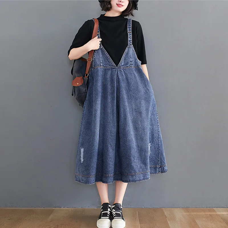 2021 Women Denim Straps Dress Large Size Ladies Spaghetti Strap Blue