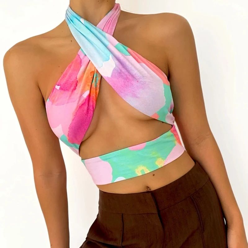 

Sexy Chest Wrap Crop Top Tie Dye Print Backless Criss-Cross Halter Bandage Cami Top Female Clubwear Summer Sleevless Mini Vest