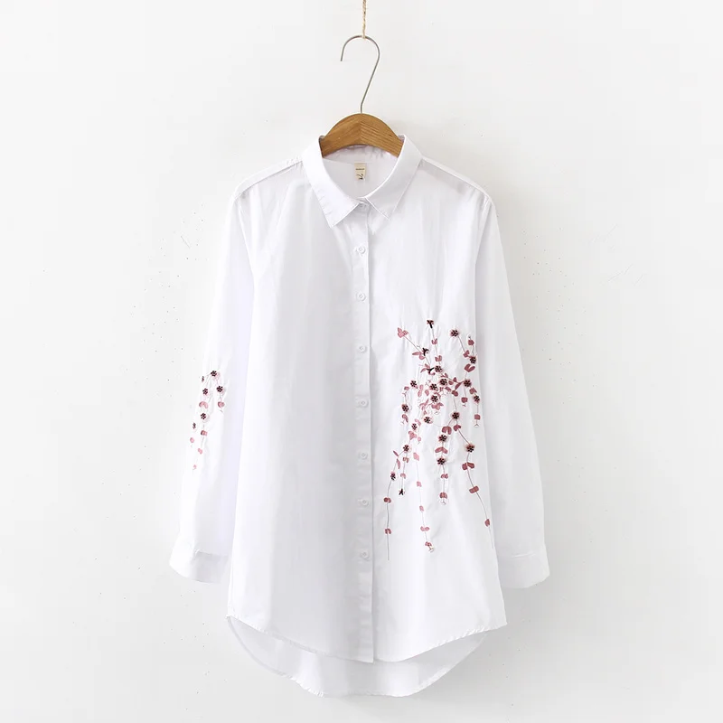 Сливовый цветок вышитый белая хлопковая блуза рубашка с длинными рукавами