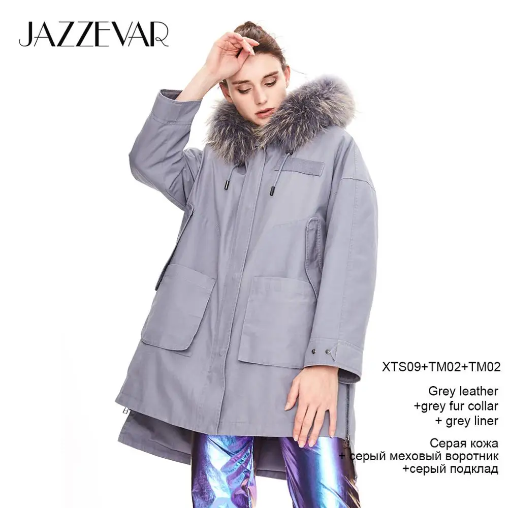 grey coat grey fur JAZZEVAR Зимнее новое поступление женское пальто высокое качество средней длины новая модная стильная парка с натуральным мехом теплое женское зимнее пальтоK9036 - Цвет: grey coat grey fur