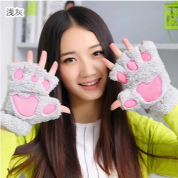 Winter Women Paw Gloves Fingerless Fluffy Bear Cat Plush Warm Ladies Half Covere