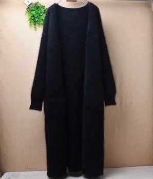 

X-long fashion black female women fuzzy mink cashmere black cardigans mantle angora fur knitwear coat fall winter sweater pull