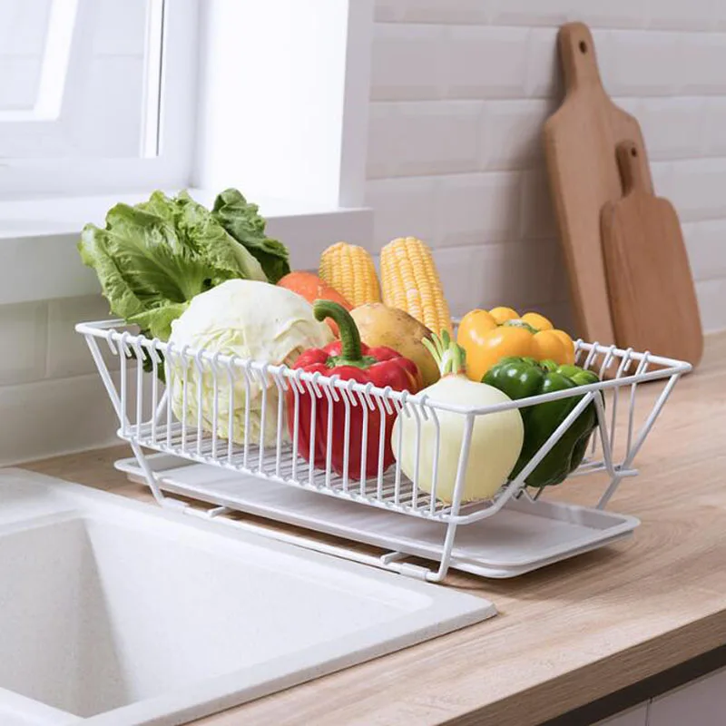

Iron Dish Drain Storage Shelf Modern Simple Tableware Drainer Storage Fruit Vegetable Rack Holder with Tray for Kitchen