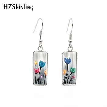 

2019 New Whimsical Floral Flowers Rectangular Earring Colorful Uplifting Tulip Painting Fish Hook Earrings Glass Jewelry