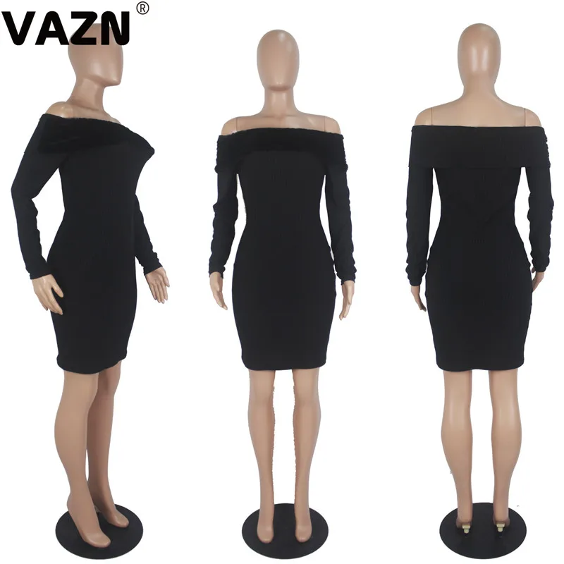 VAZN SD9194, Осеннее, новейшее, необычное, сексуальное, Клубное, для взрослого возраста, модное, черное, с вырезом лодочкой, длинный рукав, высокая талия, тонкое, женское мини-платье